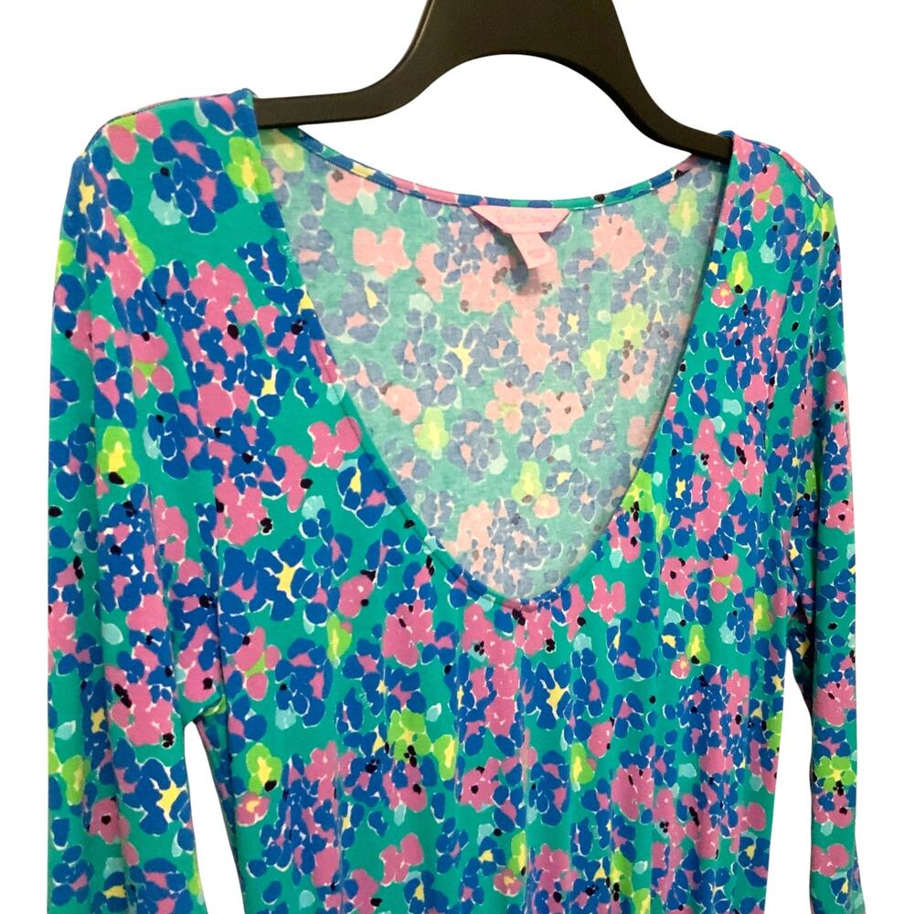Lilly Pulitzer Floral Maxi Dress Scoop Neck 3/4 Sleeves Green Blue Large - Picture 2 of 9